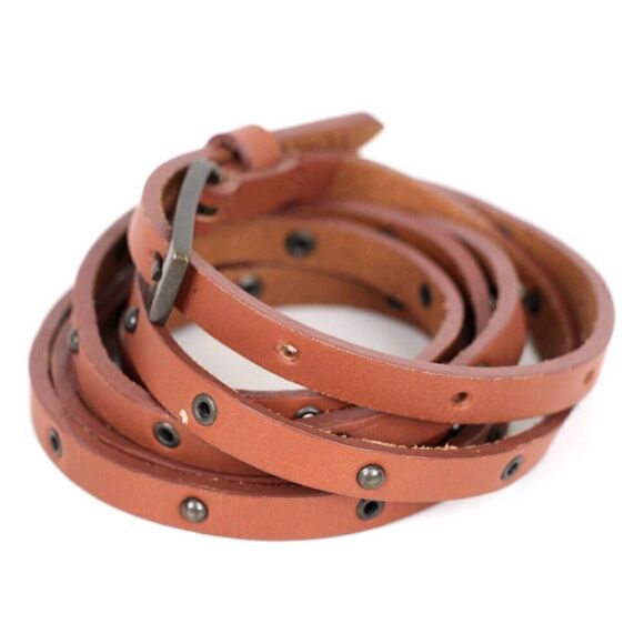 Voicemail TAN BROWN LEATHER 3/8"Wd STUDDED WRAP DRESS WOMEN'S BELT Sz M (F97 - Picture 2 of 12